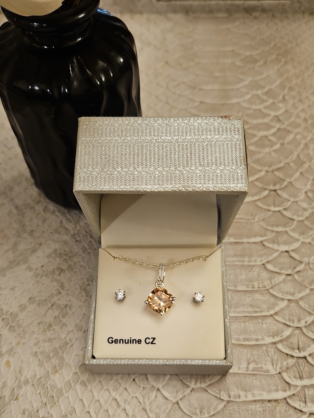 NEW! Genuine CZ Champagne Halo Pendant Necklace and Stud Earrings Set
